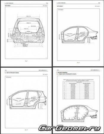 Размеры кузова Chevrolet AVEO (T200) 2003-2008 Body Repair Manual