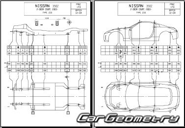 Размеры кузова Nissan 350Z (Z33) 2003–2009 Coupe Z33C и Roadster Z33R