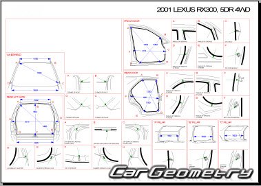 Контрольные размеры кузова Lexus RX350, RX330, RX300 2000-2003 (MCU15)