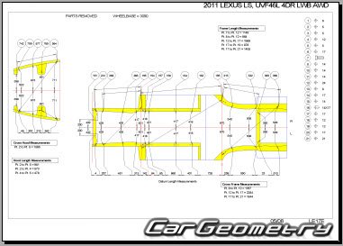 Размеры кузова Lexus LS600HL, LS600H 2007-2011 (UVF45, UVF46) Collision Repair Manual