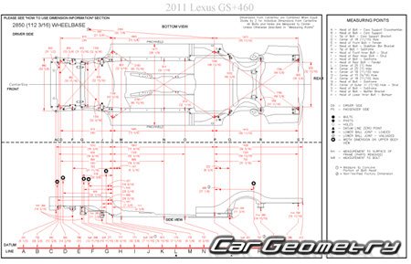 Геометрические размеры кузова Lexus GS460, GS350, GS300 2010-2011 (URS190 GRS190, GRS196)