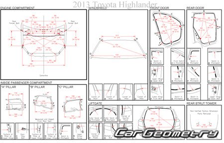 Кузовные размеры Toyota Highlander (Kluger) 2007-2012 (GSU40, GSU45) Collision shop manual