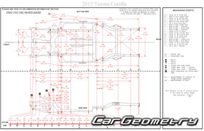 Размеры кузова Toyota Corolla 2009-2013 (модели AZE141 ZRE142) Collision Repair Manual