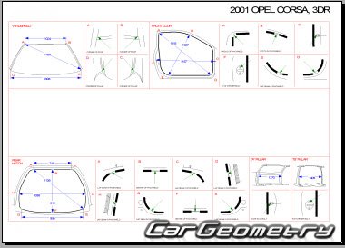 Размеры кузова Опель Корса Ц, Геометрия Opel Corsa (C) 2000–2006 (3-door, 5-door)
