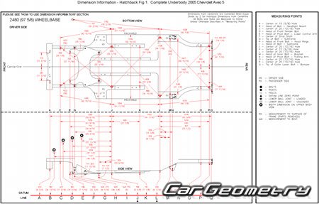 Размеры кузова Chevrolet AVEO (T200) 2003-2008 Body Repair Manual