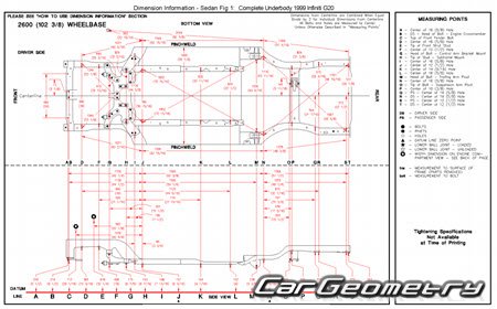 Геометрические размеры Nissan Primera 1996—1999 и Infiniti G20 (P11) 1997—2002 Body Repair Manual