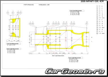 Геометрические размеры кузова Infiniti G35, Nissan Skyline (V35 Sedan) 2002-2006 Body Repair Manual