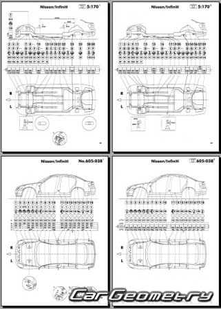 Геометрические размеры кузова Infiniti G35 (V35 Sedan) 2002-2006 Body Repair Manual