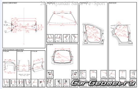 Геометрические размеры кузова Hyundai Santa FE (DM) с 2013 Body Repair Manual