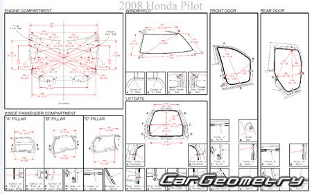 Размеры кузова Honda Pilot 2003-2008 Body Repair Manual