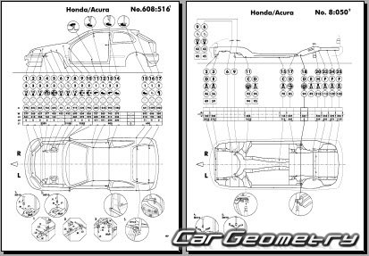 Контрольные размеры кузова Honda Civic 1996-2000 (Sedan, Coupe, Hatchback) Body Repair Manual