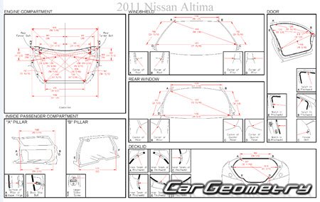 Кузовные размеры Nissan Altima (L32) 2006-2012 (Sedan, Coupe, Hybrid) Body Repair Manual