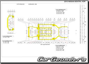 Размеры кузова Nissan Sentra (B16) 2007–2012 Body Repair Manual