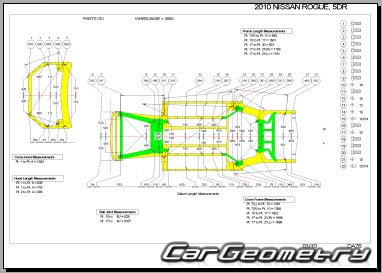 Контрольные размеры кузова Nissan Rogue (S35) 2007–2012 Body Repair Manual