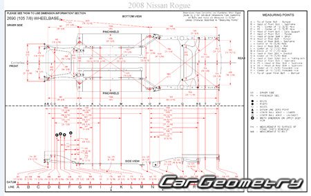 Контрольные размеры кузова Nissan Rogue (S35) 2007–2012 Body Repair Manual