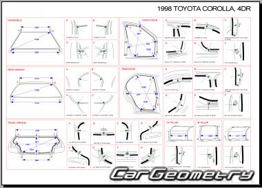 Геометрические размеры кузова Toyota Corolla 1997-2001 (E11#) Collision Repair Manual