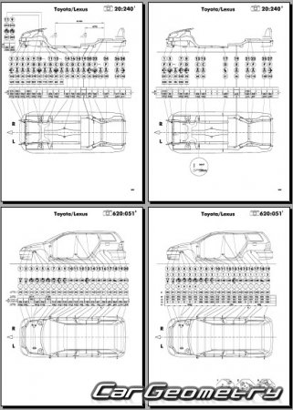 Кузовные размеры Toyota Corolla с 2000 кузова (E12#) Collision Repair Manual