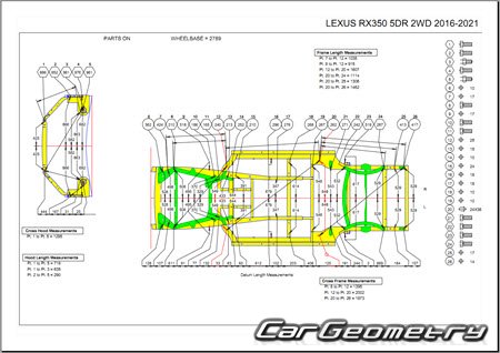 Кузовные размеры Lexus RX200T, RX350 2015-2021 (включая F-Sport) Collision Repair Manual