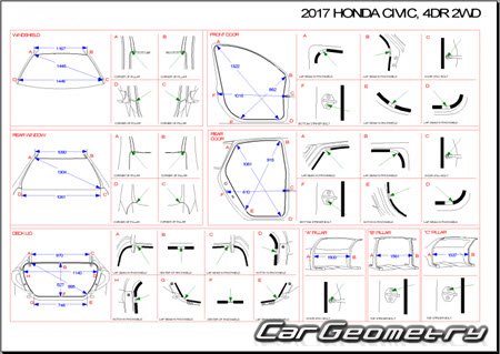 Размеры кузова Honda Civic Sedan (FC1, FC2) 2016-2022 Body Repair Manual