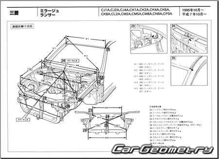 Mitsubishi Lancer & Mirage 1995-2000 (RH Japanese market) Body dimensions