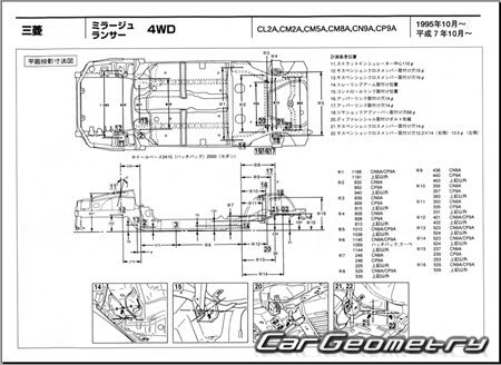 Mitsubishi Lancer & Mirage 1995-2000 (RH Japanese market) Body dimensions